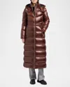 Moose Knuckles Belle Long Shiny Puffer Coat In Coffee
