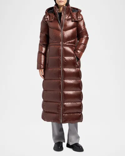 Moose Knuckles Belle Long Shiny Puffer Coat In Coffee
