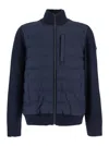 Moose Knuckles Blue Cardigan With Knitted Inserts And Logo Patch On Sleeve In Wool And Tech Fabric Blend Man In Blue