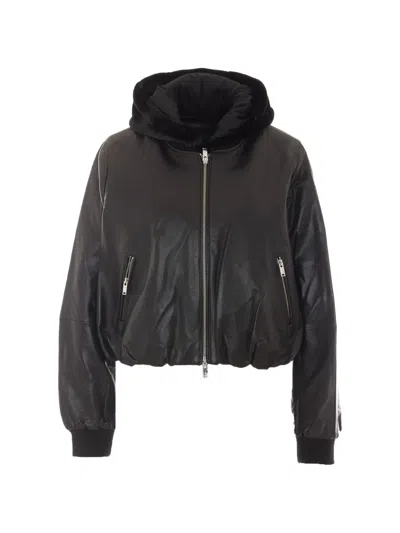 Moose Knuckles Cardin Hooded Leather Bomber Jacket In Black