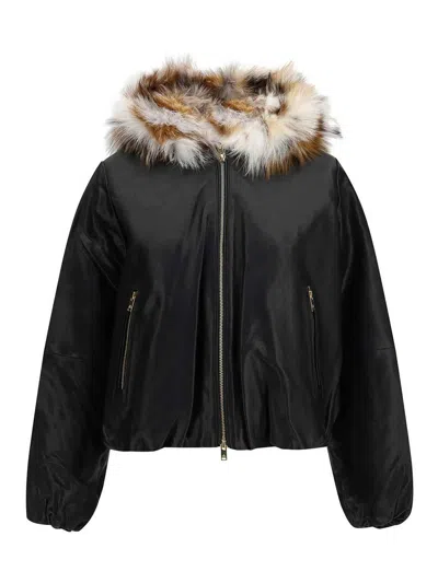 Moose Knuckles Cardin Leather Bomber With Fur Hood In Black