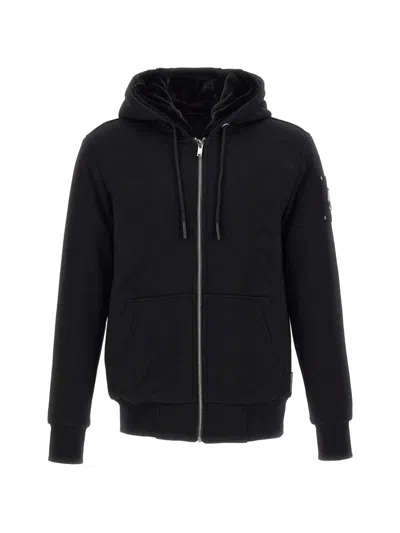 Moose Knuckles Cotton-blend Hooded Zip-up Sweatshirt With Kangaroo Pocket In Black
