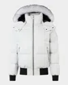 Moose Knuckles Cloud Bomber Jacket With Detachable Hood And Shearling Trim In Stone With Natural Shearling