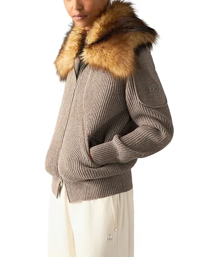 Moose Knuckles Corina Faux Fur Collar Wool Zip Sweater In Green