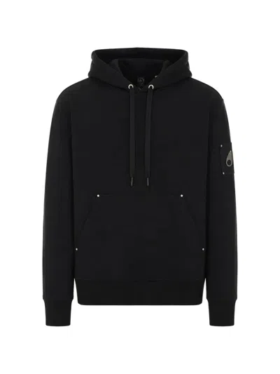 Moose Knuckles Cotton French Terry Hoodie With Drawstring Hood And Rib-knit Trim In Black