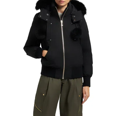 Moose Knuckles Debbie Genuine Shearling Trim Hooded Water Repellent 800 Fill Power Down Bomber Jacke In Black