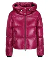 Moose Knuckles 'moonstone' Violet Hooded Down Jacket With Logo Patch On The Sleeve In Tech Fabric Woman In Pink