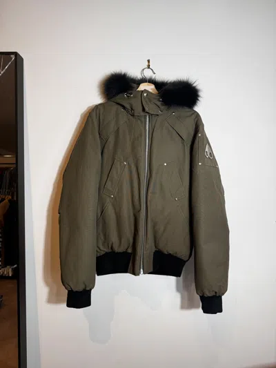 Pre-owned Moose Knuckles Down Real Fur Bomber Jacket Size L In Green