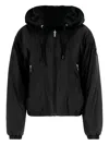 Moose Knuckles Cropped Black Faux Fur Jacket With Plush Hood And Zippered Pockets In Black