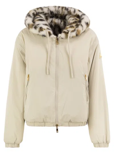 Moose Knuckles Eaton Bunny Gold Reversible Hooded Jacket With Animal Print Faux Fur In Neutral