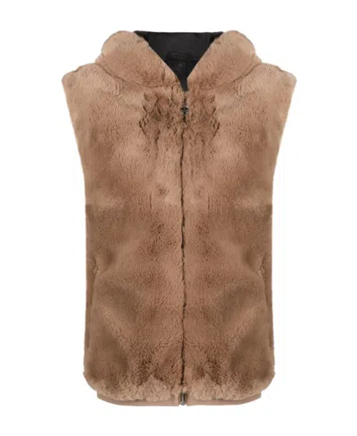 Moose Knuckles Faux-fur Hooded Gilet In Brown