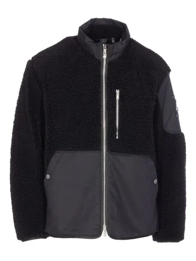 Moose Knuckles Fleece Texture Zip-up High-neck Jacket With Metallic Logo Patch In Black