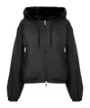 Moose Knuckles Cropped Black Faux Fur Jacket With Plush Hood And Zippered Pockets In Black