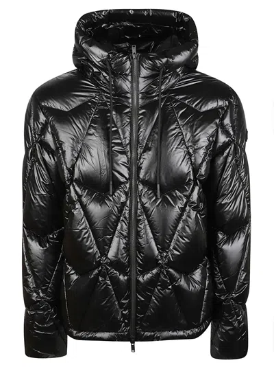 Moose Knuckles Iceberg Glossy Quilted Hooded Geometric Recycled Nylon Down Jacket In Black