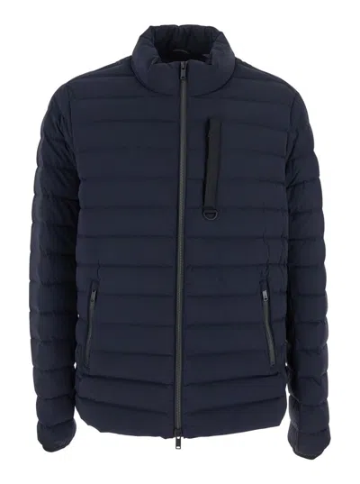 MOOSE KNUCKLES 'LAKI' BLUE DOWN JACKET WITH HIGH NECK AND LOGO PATCH ON THE SLEEVE IN TECH FABRIC MAN