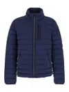 Moose Knuckles Laki Blue Down Jacket With High Neck And Logo Patch On The Sleeve In Tech Fabric Man In Blue