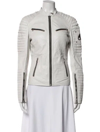 Pre-owned Moose Knuckles Leather Biker Jacket In White