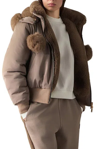 Moose Knuckles Luxe Satin Reversible Faux Fur Bomber Jacket In Brown