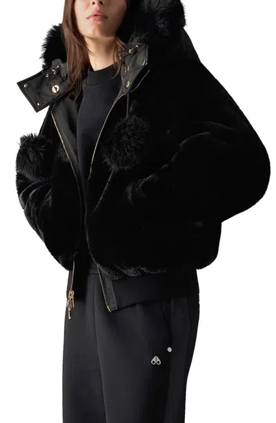 Moose Knuckles Luxe Satin Reversible Faux Fur Bomber Jacket In Black