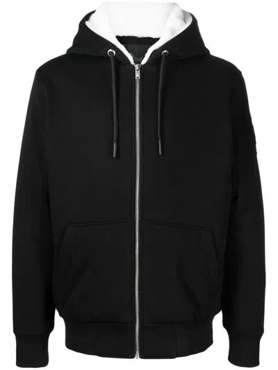 Moose Knuckles Men's Cotton Zip-up Hoodie With Removable Faux Fur Lined Hood, Gunmetal Logo & Front  In Black