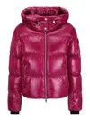 Moose Knuckles 'moonstone' Violet Hooded Down Jacket With Logo Patch On The Sleeve In Tech Fabric Woman In Dark Red