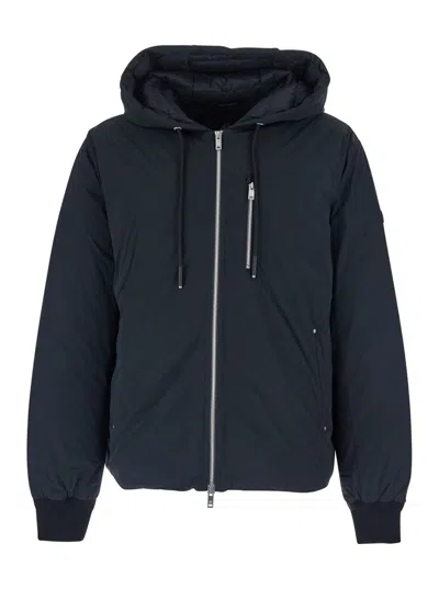 Moose Knuckles Northdale Black Jacket With Drawstring Hood And Logo Patch On The Sleeve In Tech Fabric Man In Blue