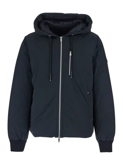 MOOSE KNUCKLES NORTHDALE BLACK JACKET WITH DRAWSTRING HOOD AND LOGO PATCH ON THE SLEEVE IN TECH FABRIC MAN