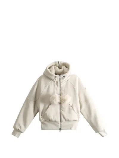 Moose Knuckles Oro Bunny Pom-pom Zip-up Reversible Hoodie In Neutral