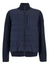 Moose Knuckles Blue Cardigan With Knitted Inserts And Logo Patch On Sleeve In Wool And Tech Fabric Blend Man In Blue