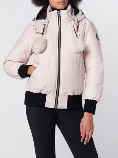 Moose Knuckles Recycled Nylon Bomber Jacket With Shearling Hood In Pink