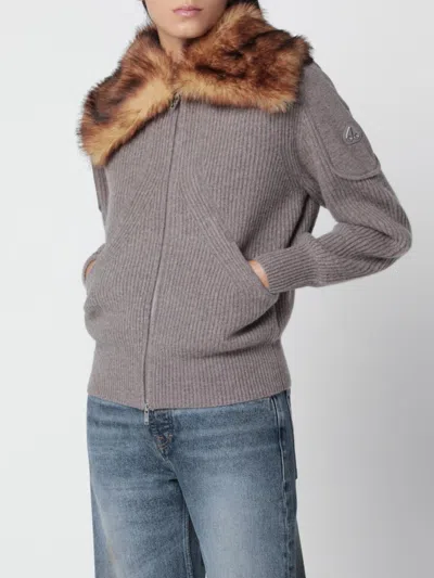 Moose Knuckles Ribbed Wool Cardigan With Shearling Interior And Zip Closure In Gray