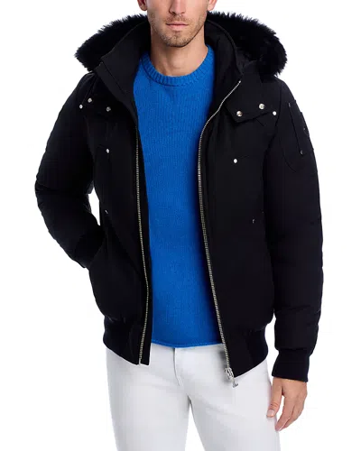 Moose Knuckles Shearling Trim Down Bomber Jacket In Black With Black Shearling