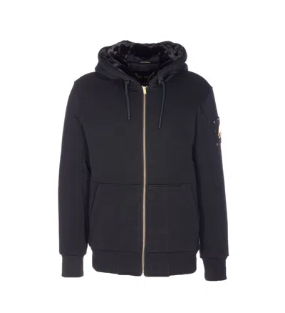 Moose Knuckles Black Hoodie With Logo Patch On Sleeve And Drawstring In Cotton Blend Man