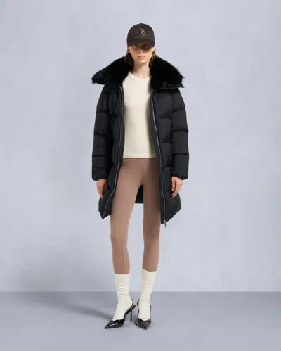 Moose Knuckles Women's Belle Dune Long Shearling Trim Puffer In Black