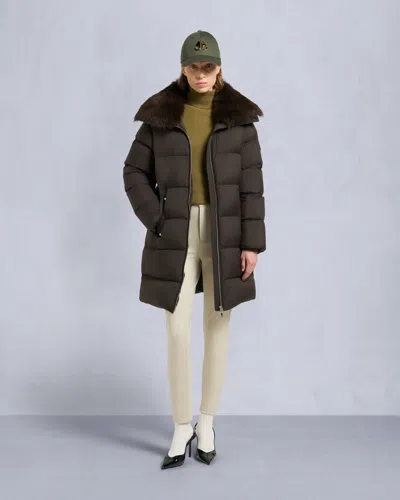 Moose Knuckles Women's Belle Dune Long Shearling Trim Puffer In Brown