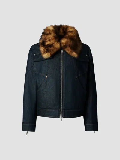Moose Knuckles Women's Faux Fur-trim Denim Down Trucker Jacket In Blue