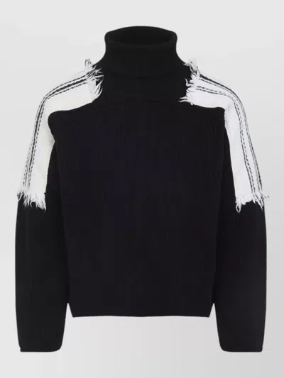 Mordecai Jacquard Stripe Turtleneck Sweater Ribbed Frayed In Black