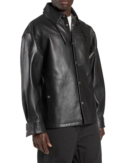 Mordecai Men's Snap-front Leather Overshirt In Black