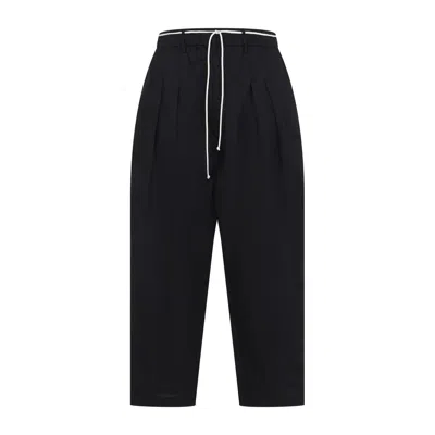 Mordecai Black Virgin Wool Pleated Drawstring Structured Wool Trousers