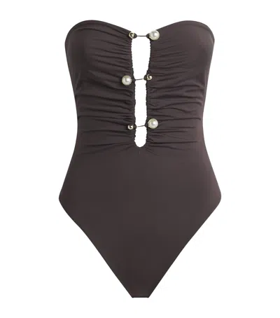 Moré Noir Embellished Presley Strapless Swimsuit In Brown
