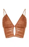 Moré Noir South Ruched Cotton-silk Voile Open-back Crop Top In Brown