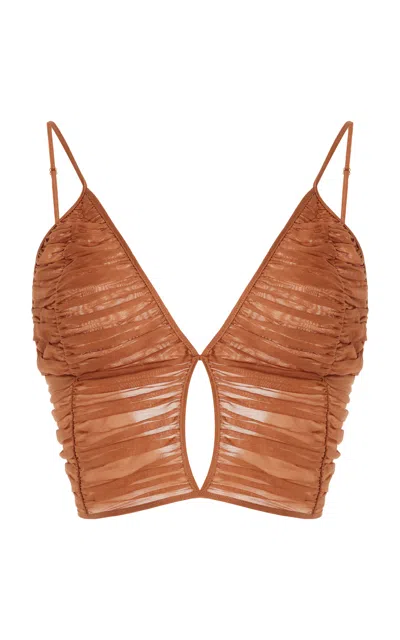 Moré Noir South Ruched Cotton-silk Voile Open-back Crop Top In Brown