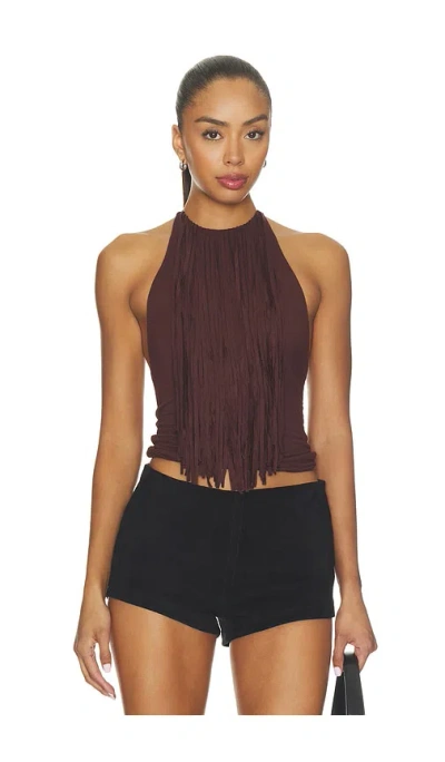 More To Come Leigh Fringe Halter Top In Brown