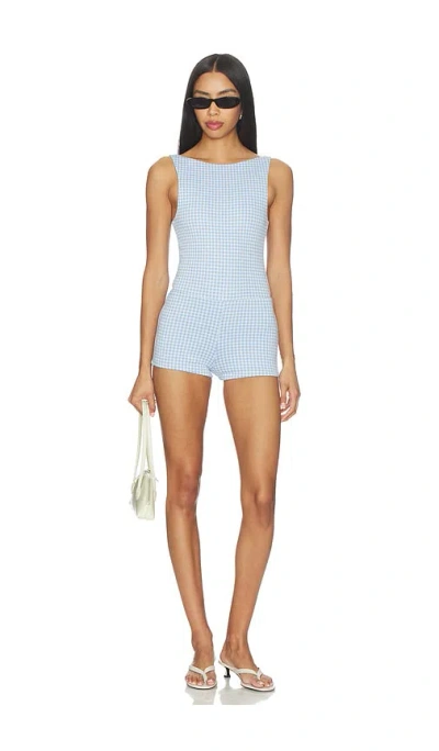 More To Come Penelope Boat Neck Romper Blue Gingham