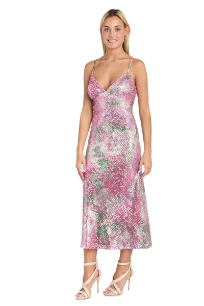 Morgan & Co. 10253 Short Floral Sequin Midi Cocktail Dress In Pink