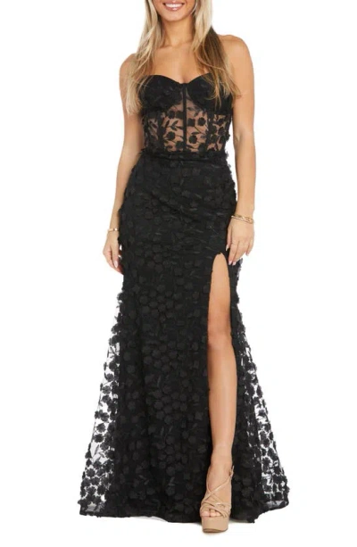 Morgan & Co. 3d Floral Strapless Mermaid Gown In Black/ Nude