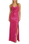 Morgan & Co. Cowl Neck Sequin Crossback Body-con Gown In Fuchsia