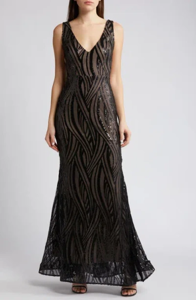 Morgan & Co. Sequin Swirl Mermaid Gown In Black/nude