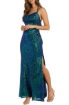 Morgan & Co. Cowl Neck Sequin Crossback Body-con Gown In Navy/teal
