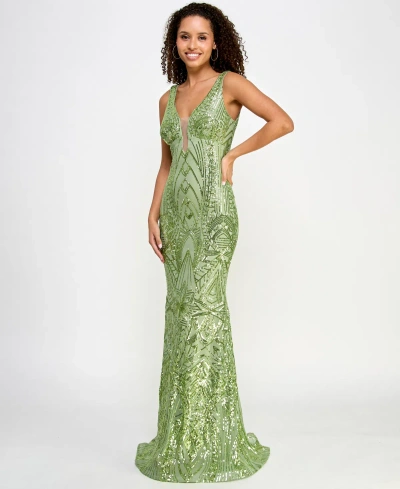 Morgan & Company Juniors' Deep-v Illusion Sequin Gown In Lime